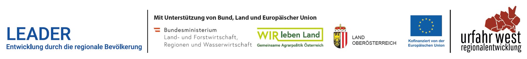 LEADER – Entwicklung durch die regionale Bevölkerung · Mit Unterstützung von Bund, Land und Europäischer Union: Bundesministerium für Land- und Forstwirtschaft, Regionen und Wasserwirtschaft · WIR leben Land · Land Oberösterreich · Kofinanziert von der Europäischen Union · Urfahr West Regionalentwicklung
